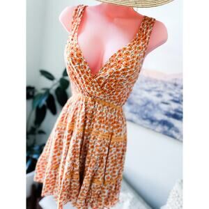 Golden Flowering Fields plunging floral blooms babydoll twirl mini dress